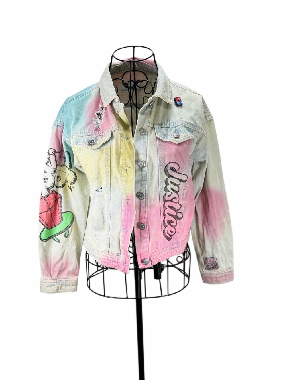 Justice White Denim Jacket with Bazooka Ring Pop Label